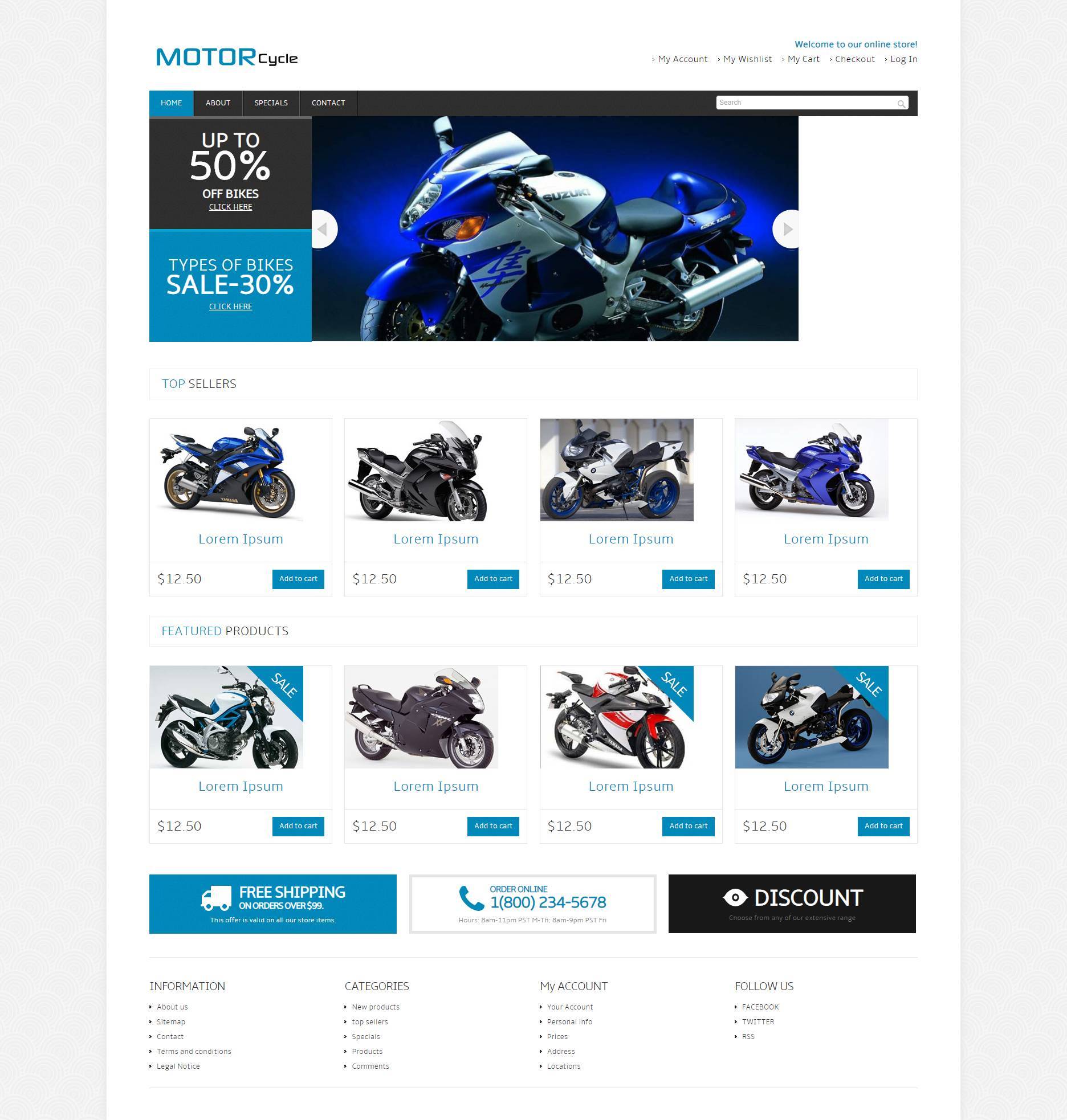 海洋风格摩托车销售平台网站电脑手机分端模板