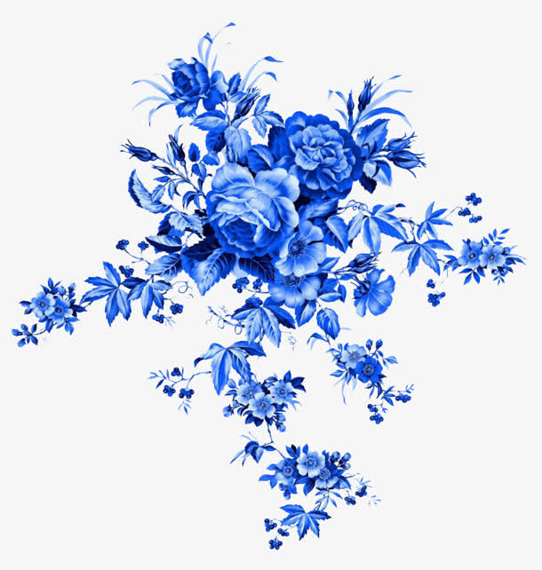 中国风 蓝色 手绘牡丹花