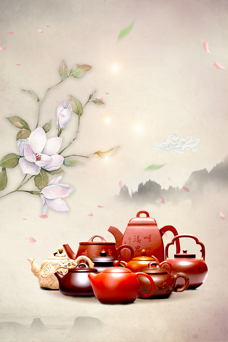 水墨古董紫砂壶文化宣传海报背景素材