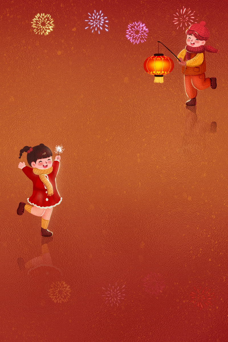元旦春节手绘人物烟花灯笼中国风背景