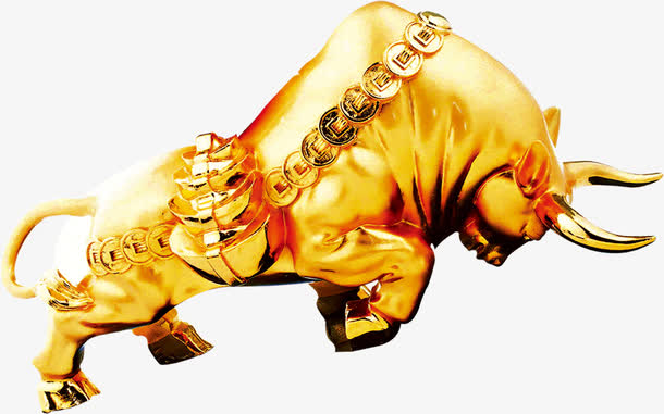 身披铜钱元宝的金牛PNG透明图片，中国风装饰元素，高清下载