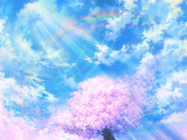 蓝天白云樱花树日本动漫场景太阳光光效