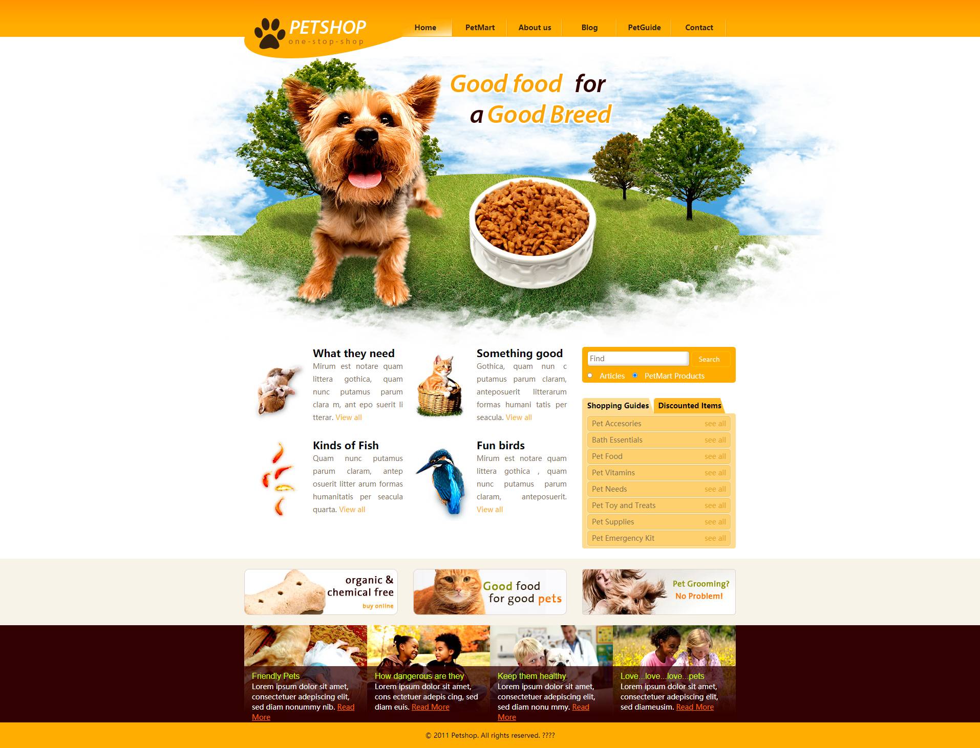 黄色精美的宠物用品购物网站模板，商城模板下载