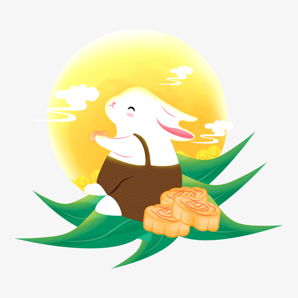 手绘中秋节坐在月亮下吃月饼的可爱兔子