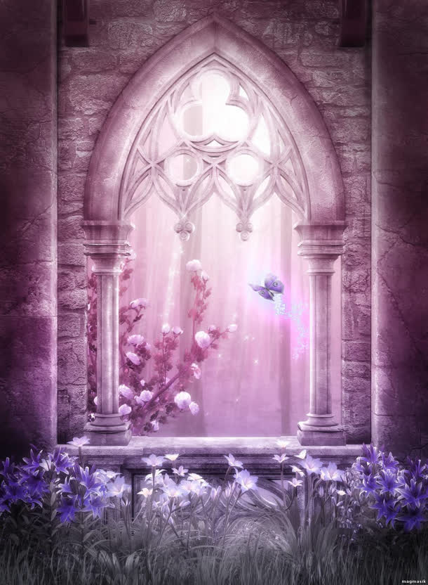 紫色梦幻城堡窗户欧式蝴蝶海报背景
