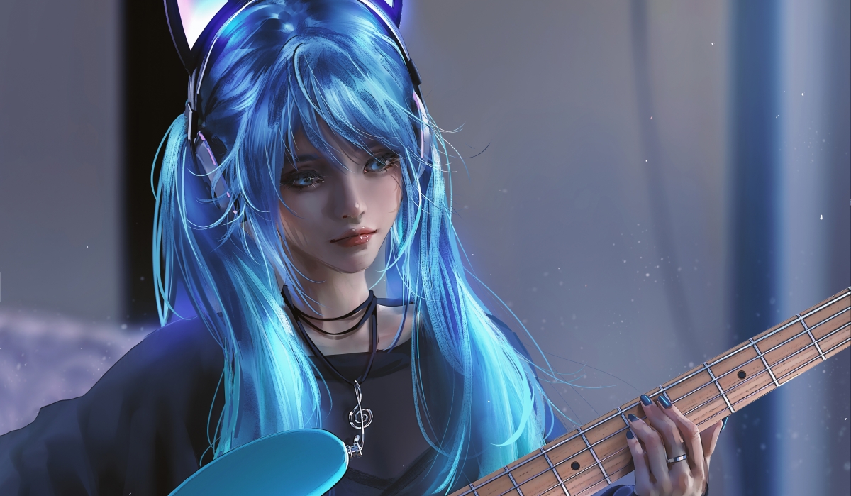 蓝色头发女孩 吉他 厚涂画 4k壁纸