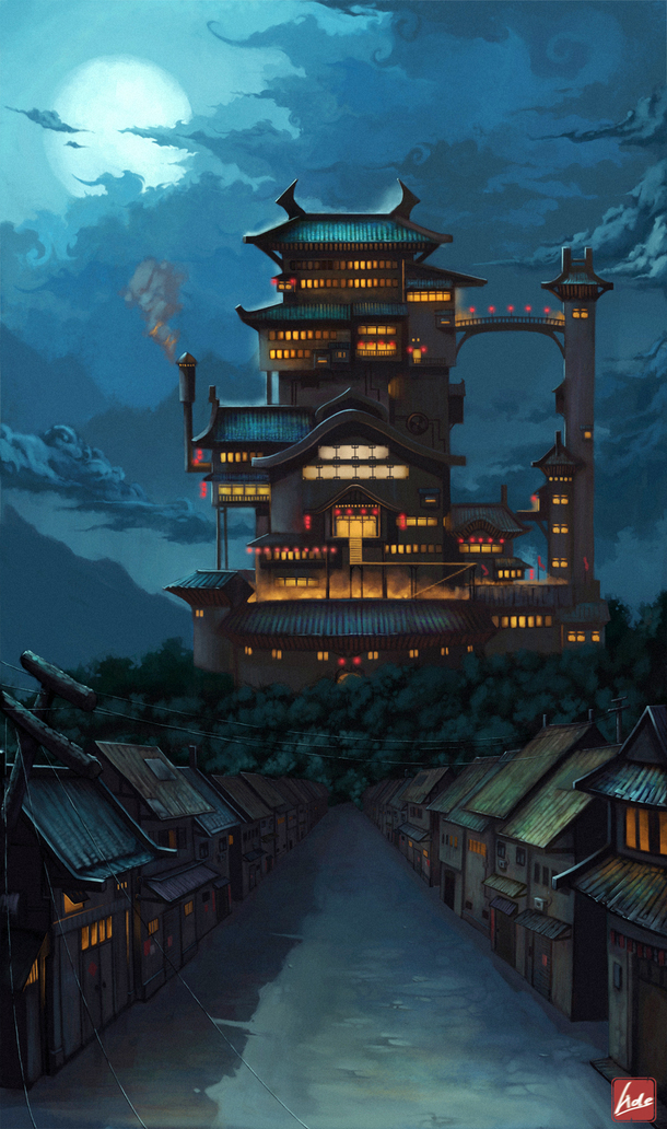 唯美古风建筑夜景插画，高清PNG透明背景，创意H5背景图片素材下载