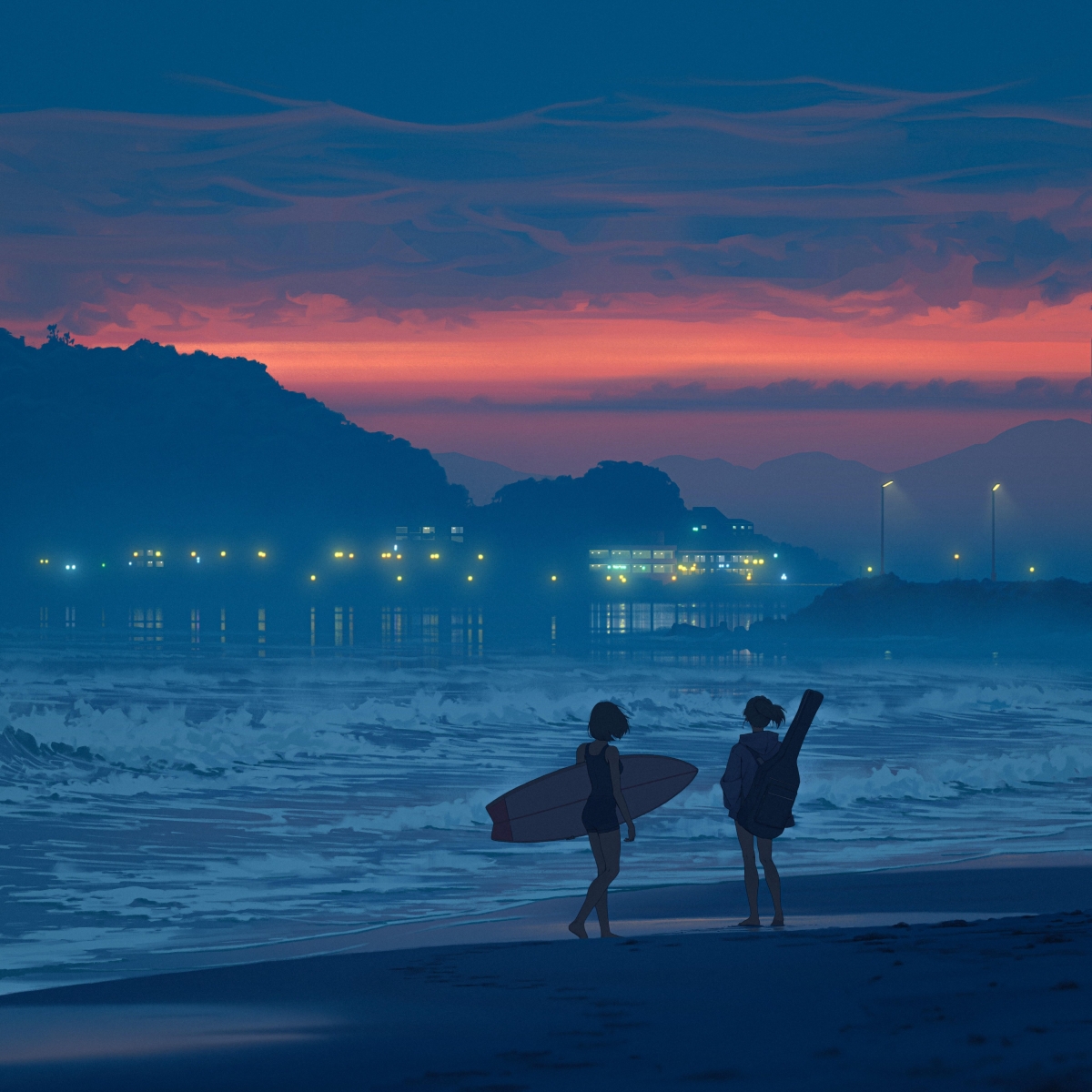 晚霞 海边 两个女孩 背影 冲浪板 吉他 4k动漫壁纸