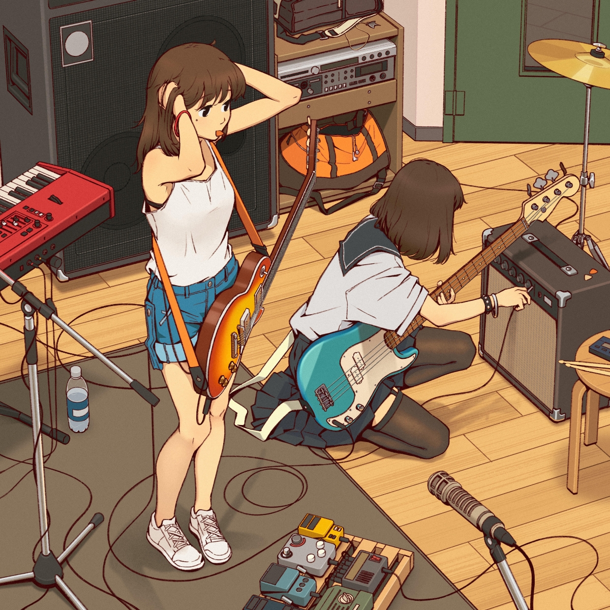 音乐室 两个女孩 水手服 吉他 音乐器材设备 4k动漫壁纸