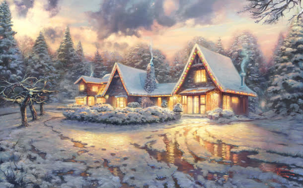 小屋灯火透明雪景冬天寒冷
