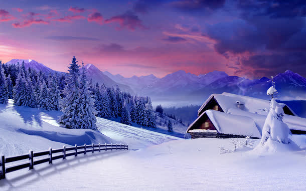创意唯美冬天雪景夕阳合成