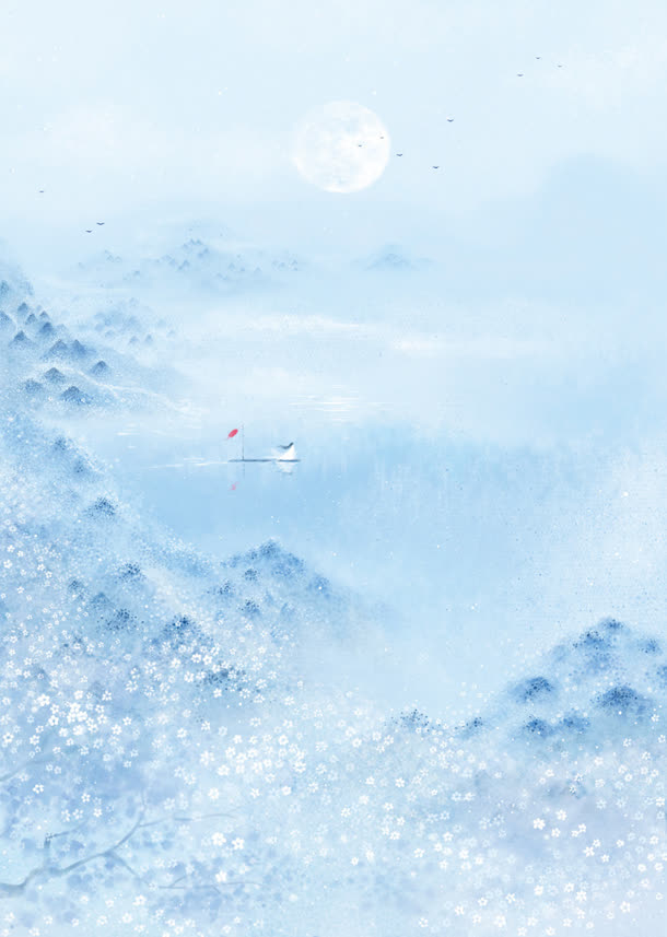 蓝色山峦湖水月光小船海报背景