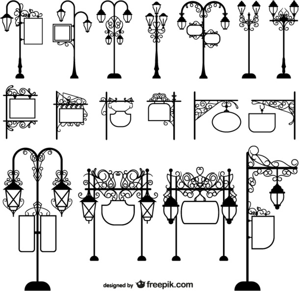 复古广告牌路灯矢量素材，高清PNG透明图片，AI格式装饰元素花纹下载