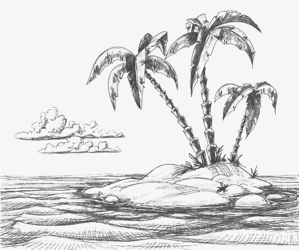 海岛手绘卡通PNG透明图片，高清铅笔画设计素材下载
