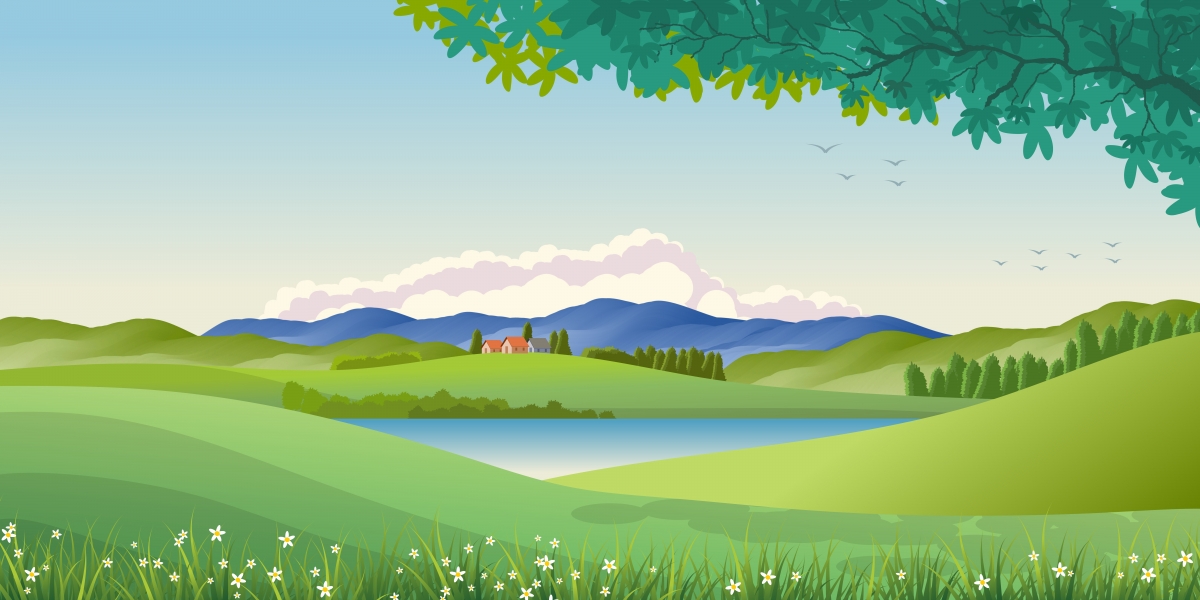 简约插图 背景 自然 山 天空 云 丘陵 绿色 蓝色的 湖 水 树木8k风景壁纸