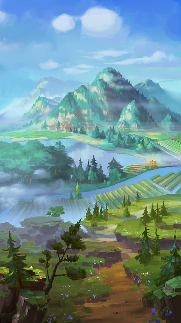 游戏原画素材山川河流白云漂浮