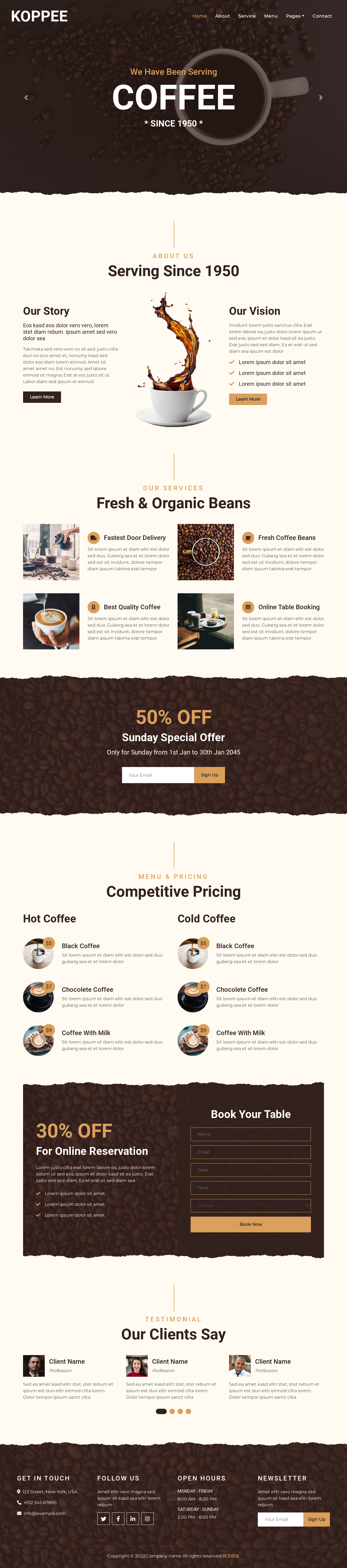 咖啡网站设计代码，棕色的咖啡店网站设计模板