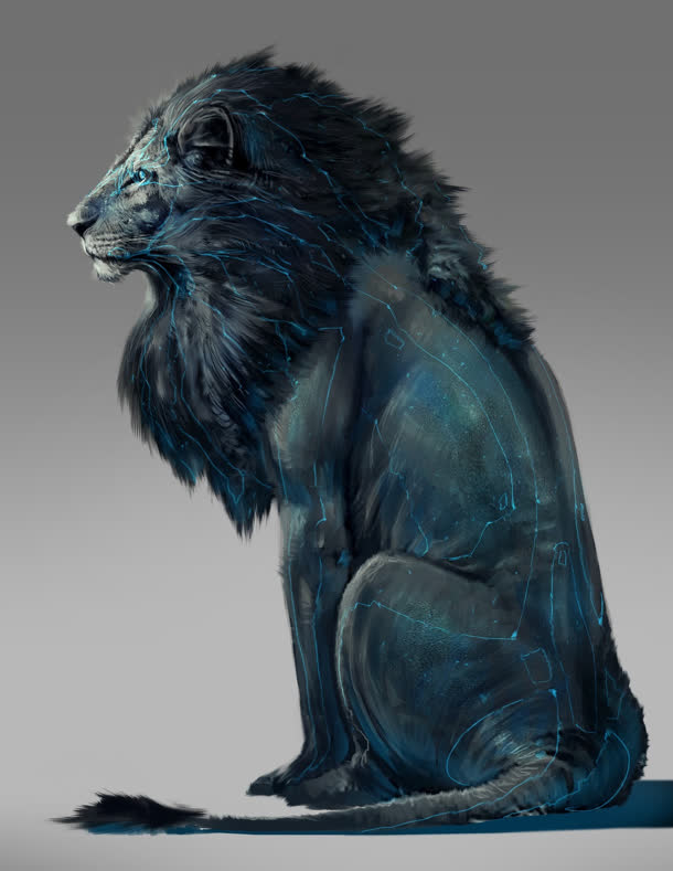 青色狮子卡通手绘PNG透明图片，灰色背景元素，高清下载素材