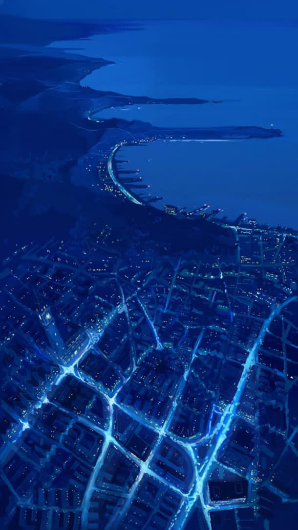 蓝色海水城市夜景