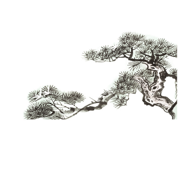 迎客松水墨画PNG透明图，高清植物装饰元素，设计素材免费下载