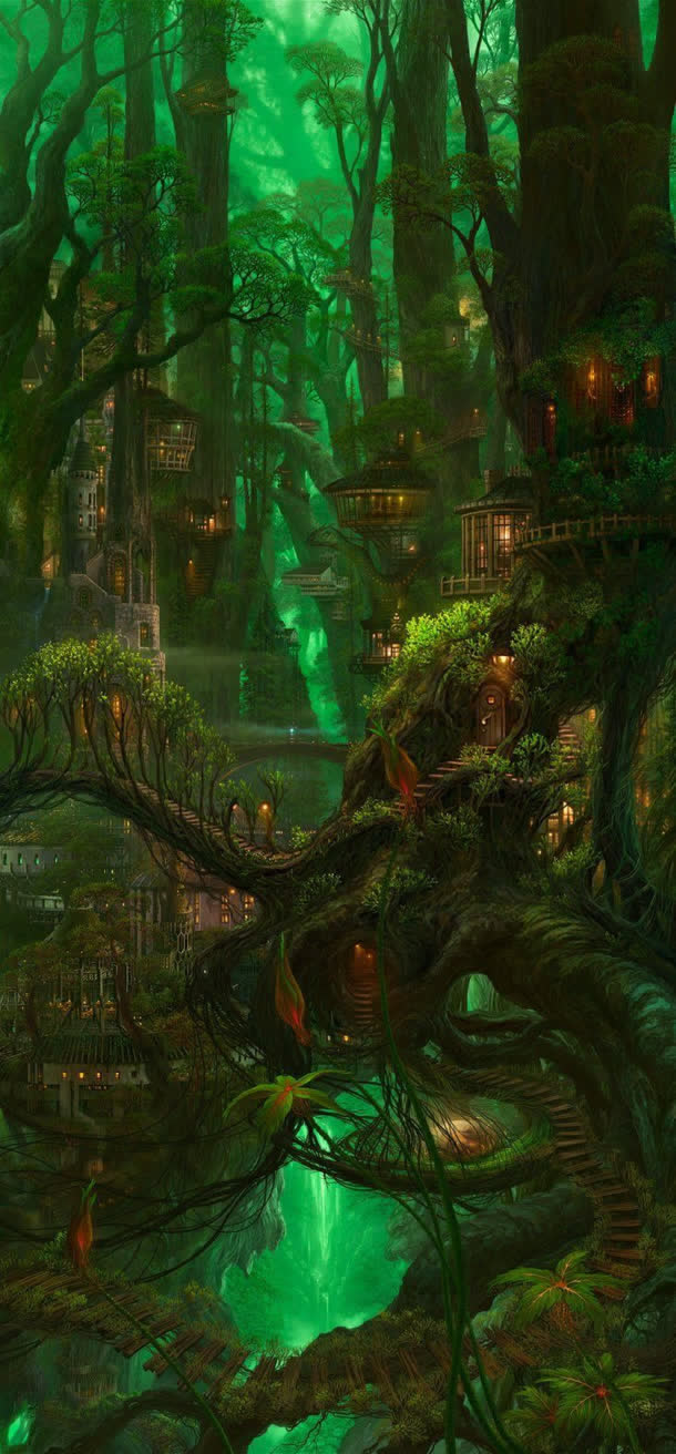 神秘绿色森林房屋