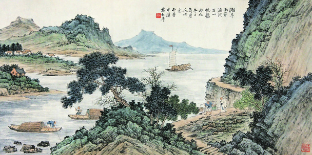 中国风山水画河流PNG透明背景，古典元素设计素材高清下载