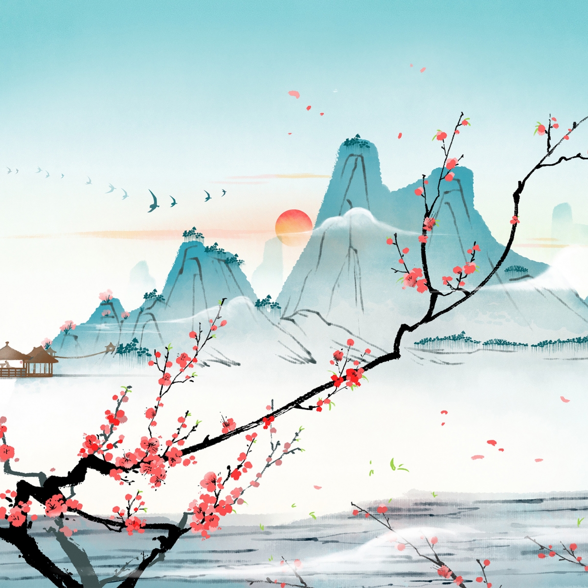 中国风 梅花 山 日出 唯美风景平板电脑壁纸