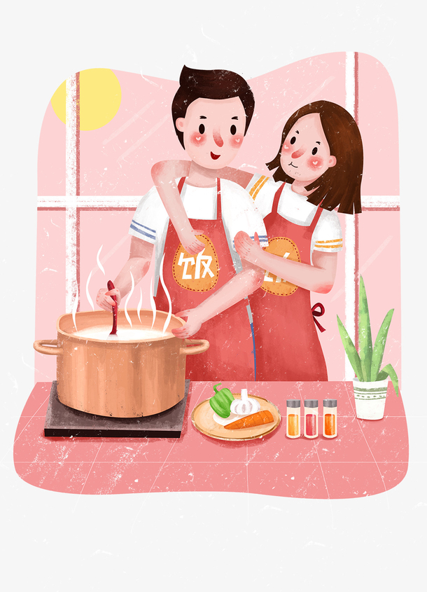 卡通手绘做饭的情侣