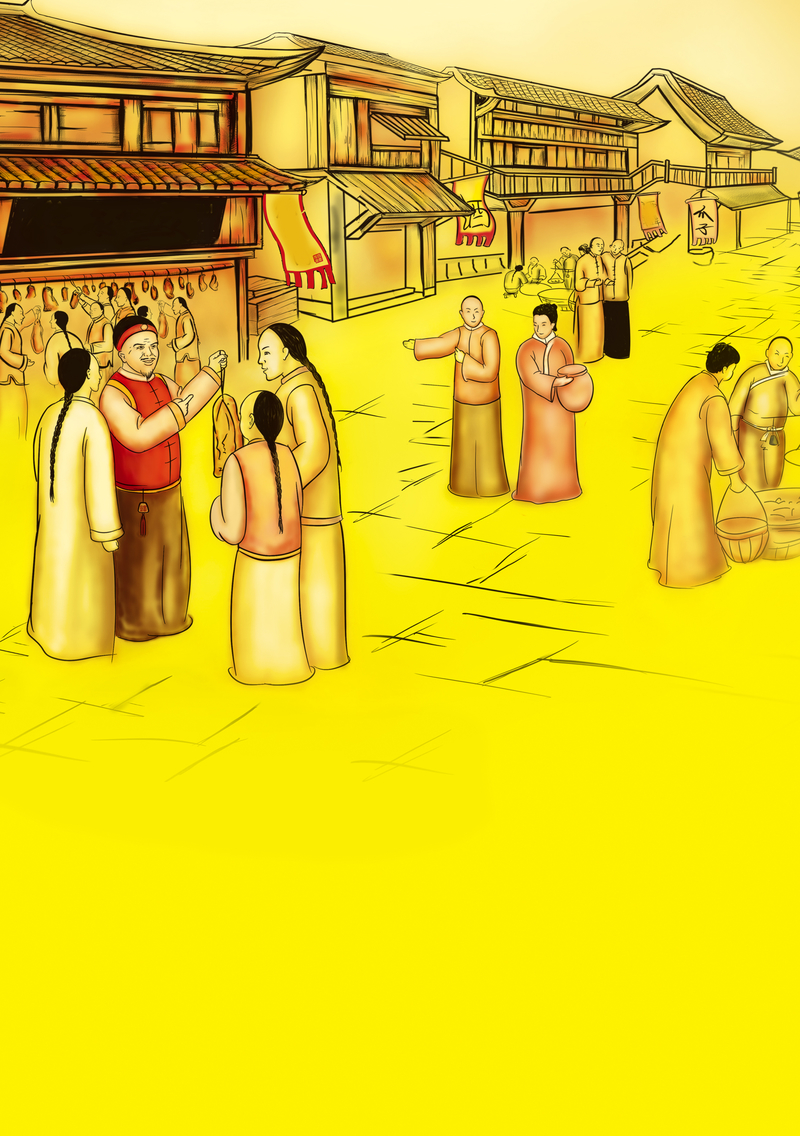 古代商业街黄色背景素材