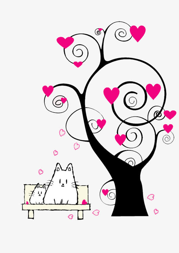爱心树下情侣猫，高清PNG透明图，情人节设计素材免费下载