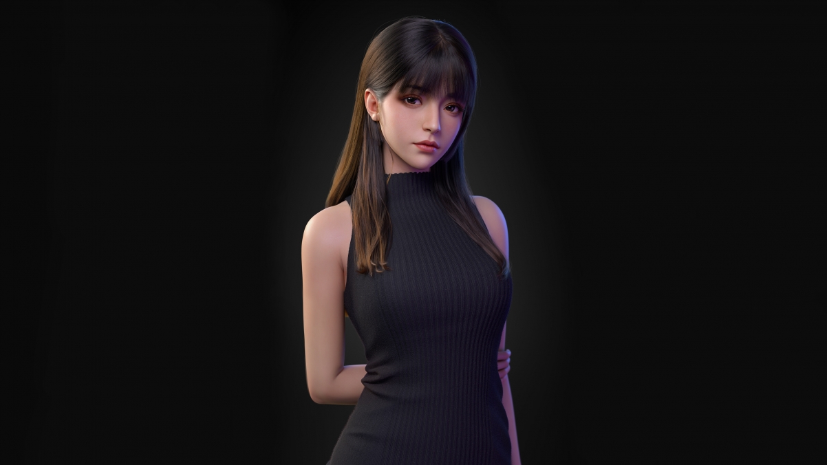 美女 长发 黑色毛衣裙 3D 气质 4k 电脑 高清 壁纸