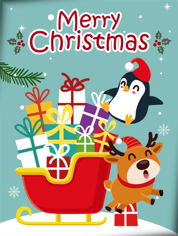圣诞节矢量礼物动物卡通祝福卡片