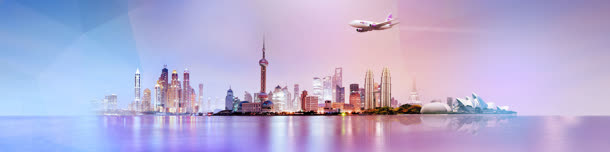 繁华都市上海立绘彩绘飞机起飞环境渲染