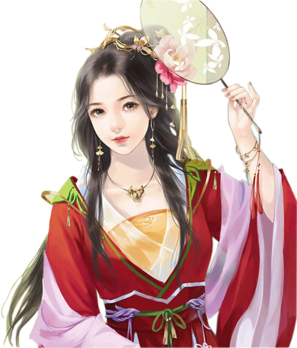 彩绘美女立绘素材，红衣装饰高清PNG，透明漂浮花瓣设计元素下载