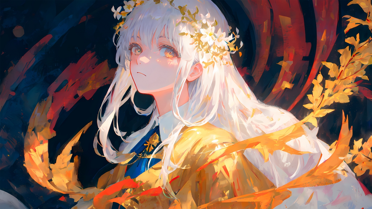 白发花环动漫少女，超清4K壁纸（3840x2160）下载欣赏