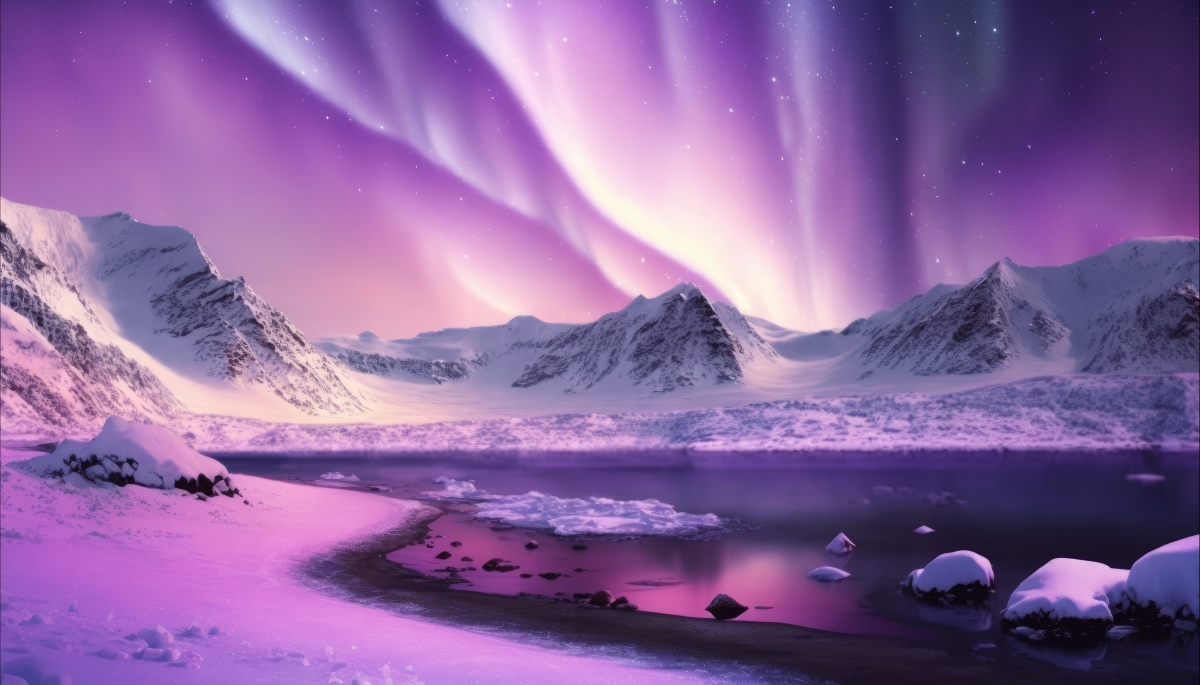紫色极光风景 星空 雪山 河流 4k壁纸