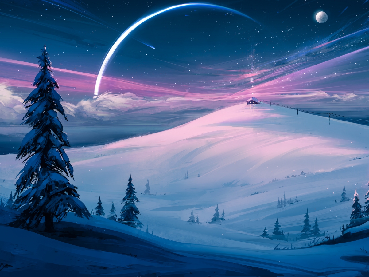 冬季 雪景 树 雪山 房子 月亮 星星 平板风景壁纸
