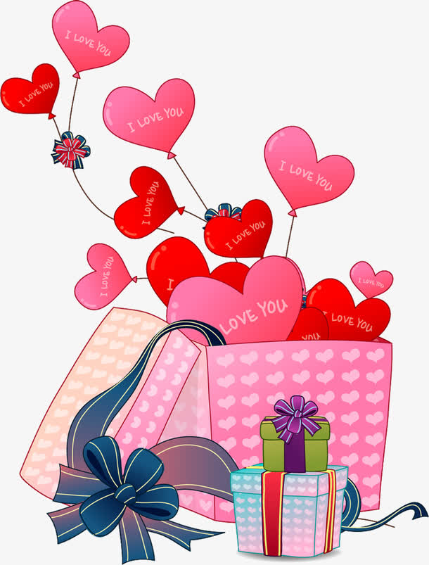 礼盒装的粉色爱心气球卡通七夕情人节