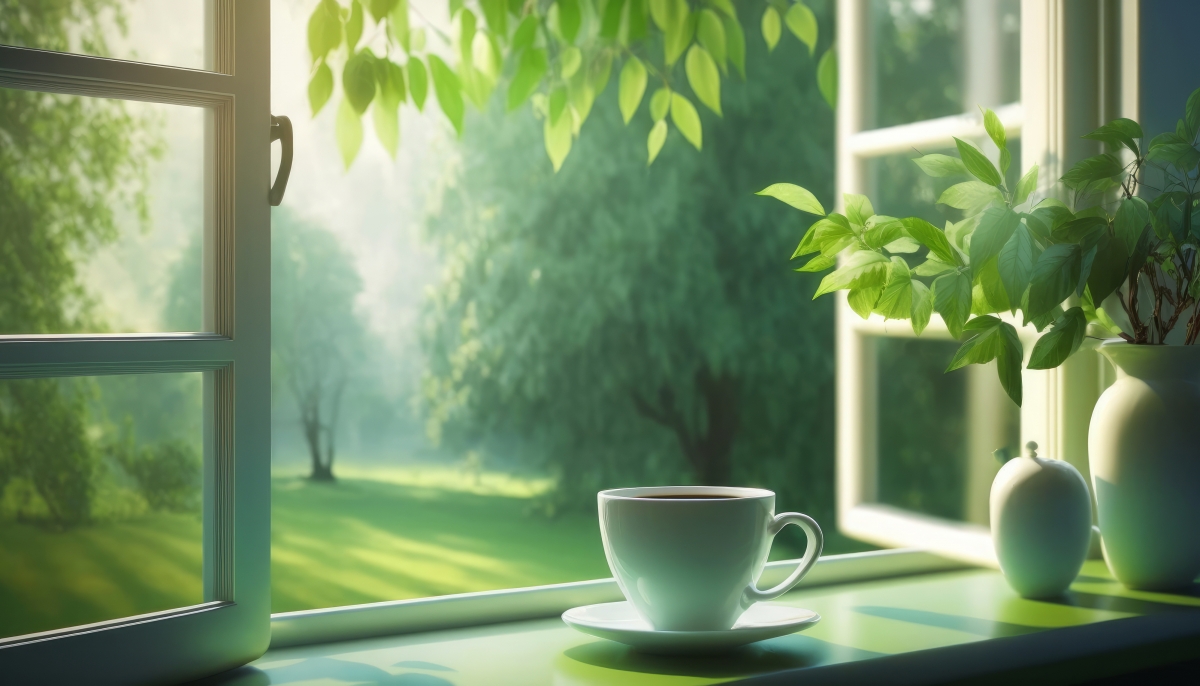 居家 清新 绿色树林 窗 咖啡 护眼风景4k壁纸