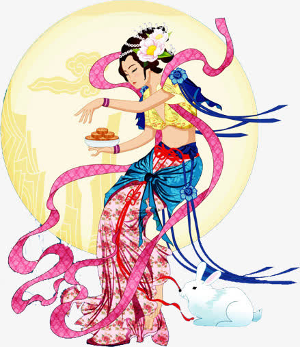 月亮月饼仙女中国画中秋