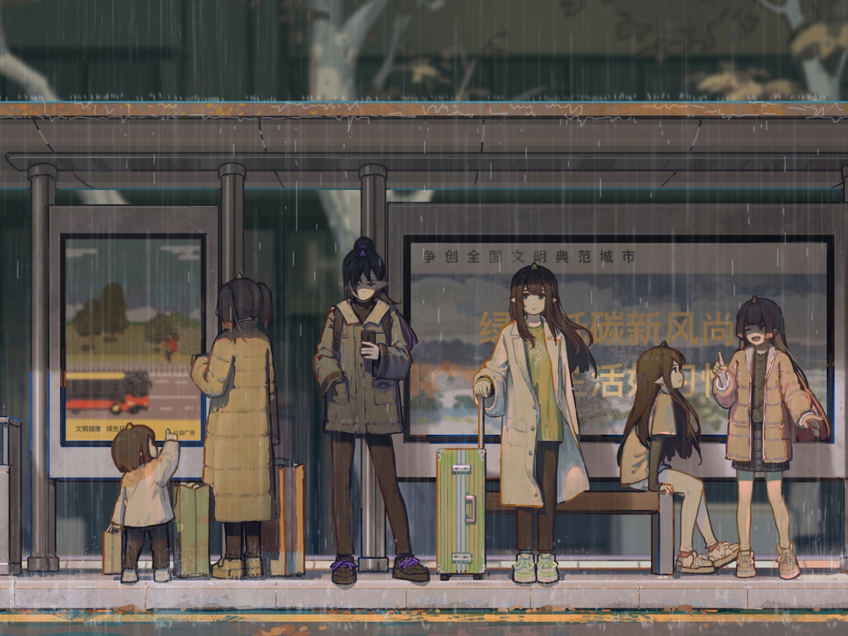 公交车站台 雨天 动漫女孩 平板电脑壁纸
