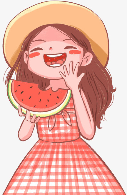 夏天吃西瓜的甜美草帽女孩