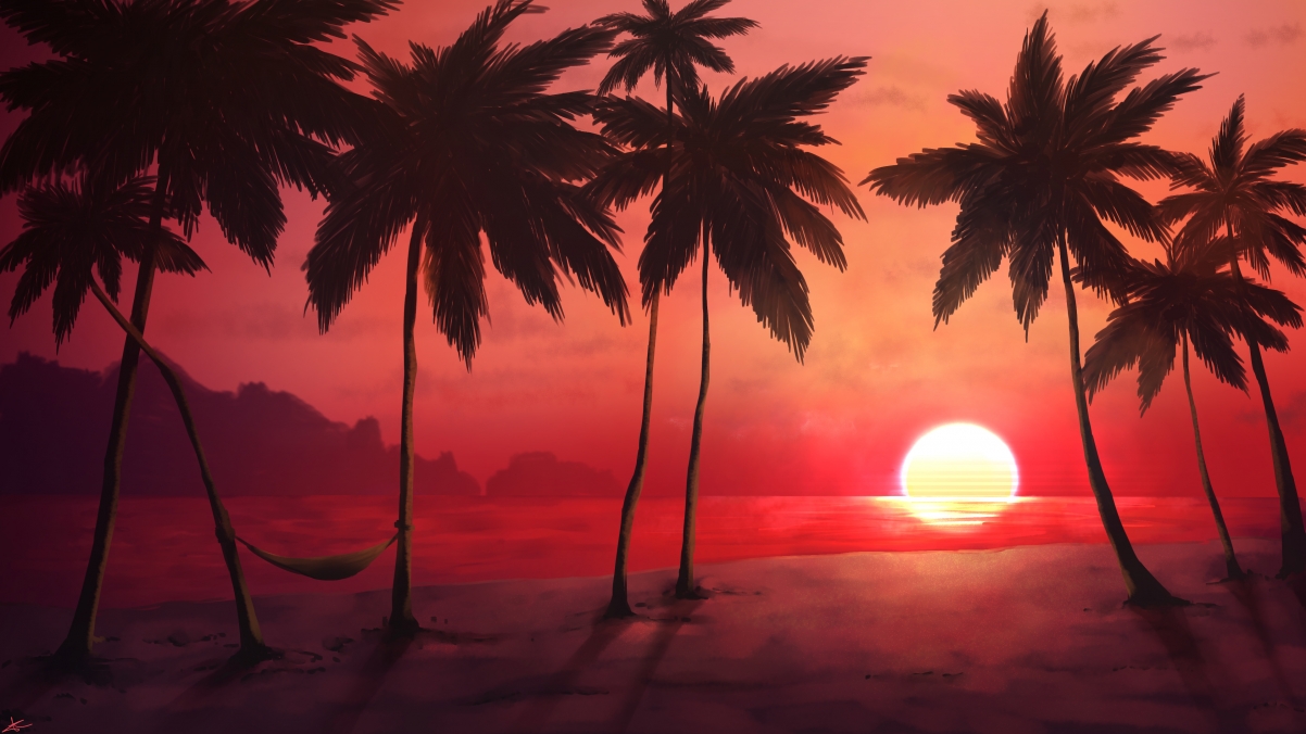 夏天 棕榈树 黄昏 日落 沙滩 绘画 4k 海边风景壁纸