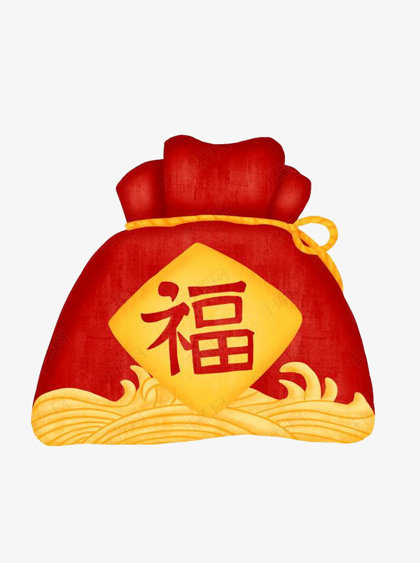 高清PNG大红福字布袋，透明节日元素，元旦春节元宵素材下载