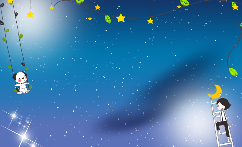 蓝色星空藤条树叶秋千儿童节海报背景素材