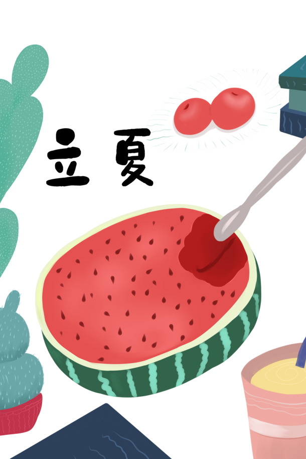 立夏西瓜水果勺子手绘元素，高清PNG透明图片，PSD设计素材下载