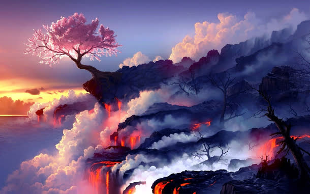 彩绘世外桃源云朵树木天空环境渲染