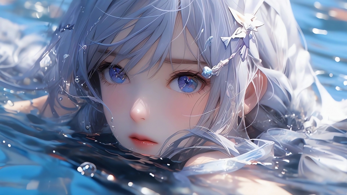 AI绘画 蓝眼睛 长发动漫女孩 水中 银发 4k壁纸