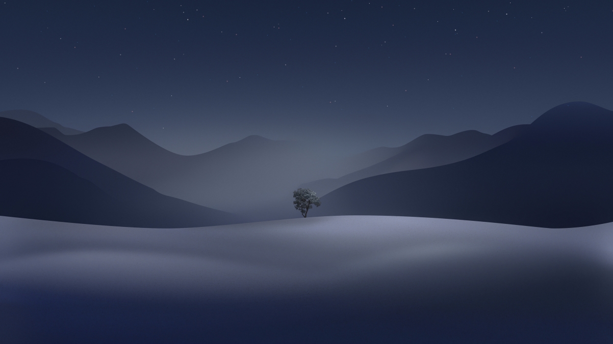 苹果 风景 夜景 山脉 简约 极简主义 树木 自然 星星 天空 4K壁纸