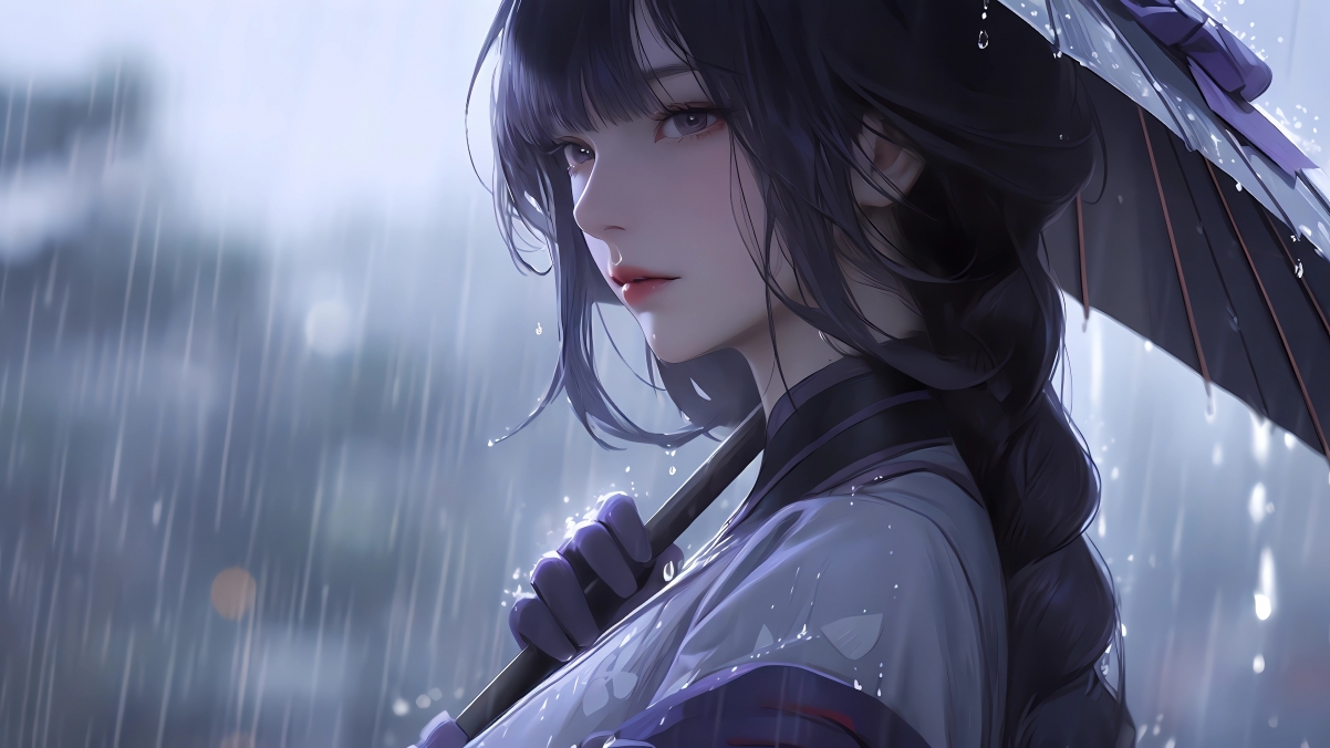 动漫女神长发飘逸，雨中撑伞唯美瞬间，4K高清壁纸3840x2160免费下载